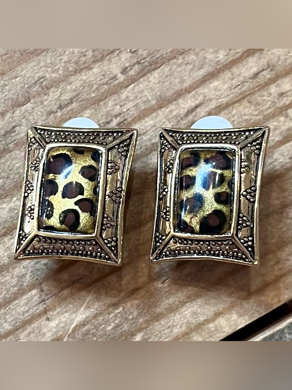 Gold Leopard Print Square Clip-On Earrings